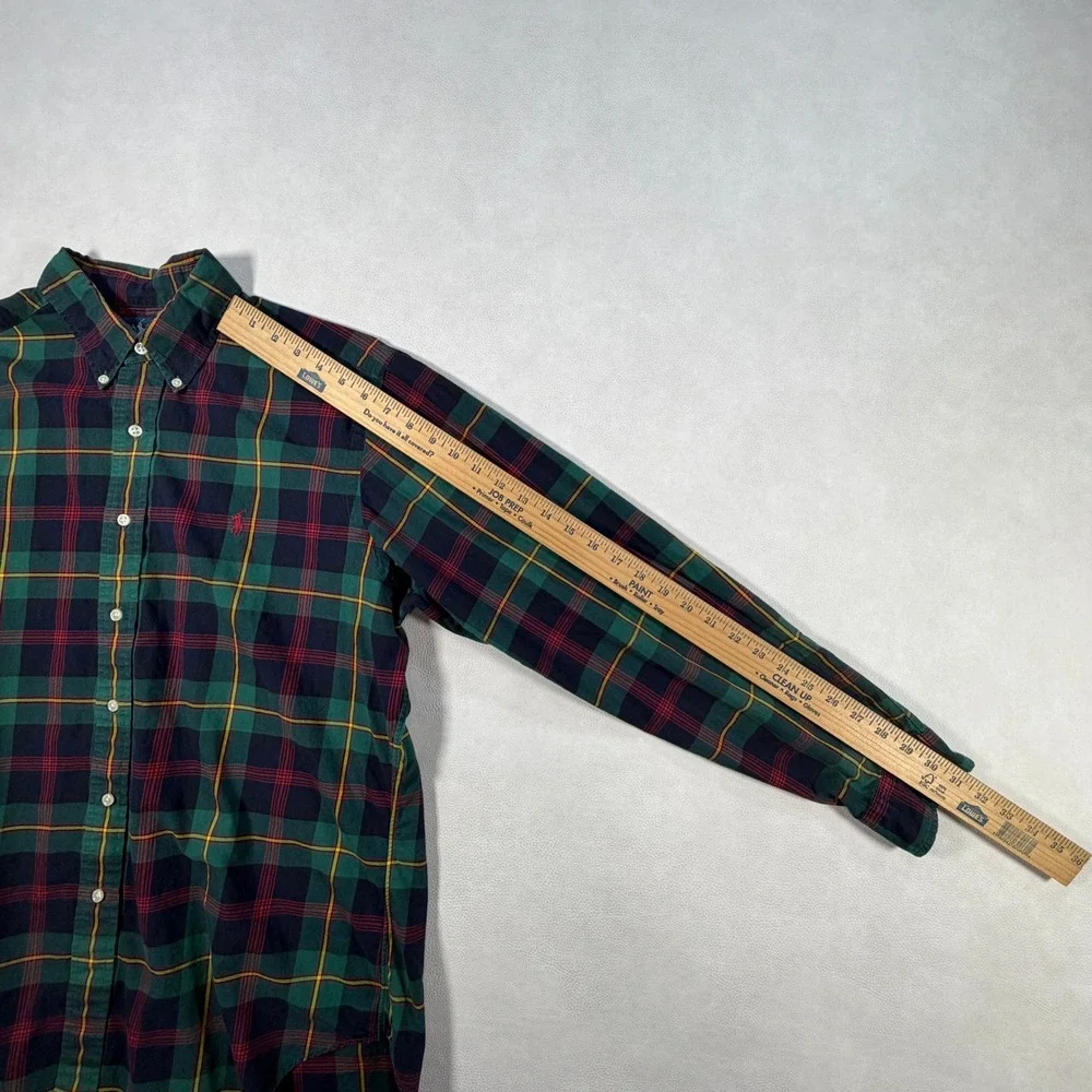 Ralph Lauren Mens Large Plaid Button Down Shirt Classic Fit Green Navy Blue